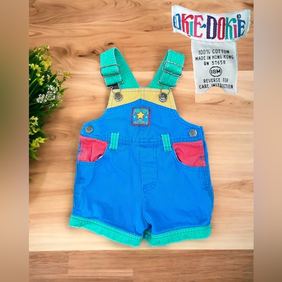 VTG 90's Okie Dokie Blue Green Red & Yellow Color Block Shortalls 18 months